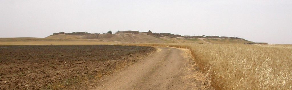 Tell Leilan mound in the distance beyond a dirt road and dry fields.