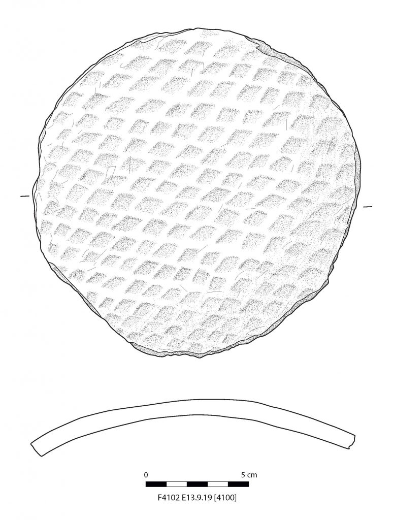 Digitized black and white sketch of a body sherd from a handmade Nubian cooking pot, with external basketry impressions, recut into a circular jar lid.