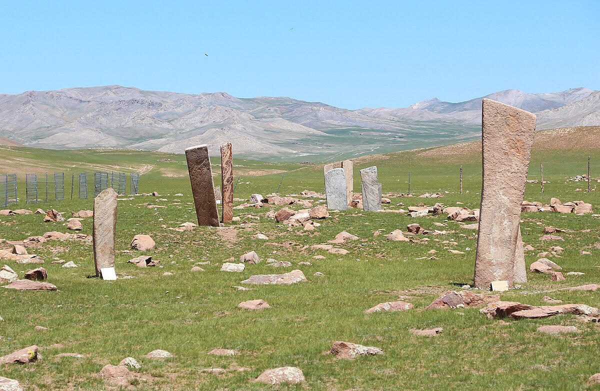 Some of the Deer Stone Monuments in Uushigiin Övör, Mongolia dating back to between 1200 and 600 BCE.