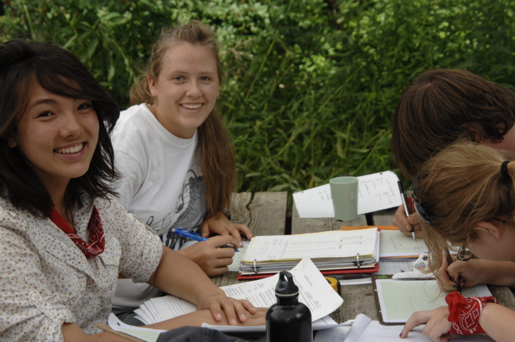 Students working on completing their excavation notes and maps